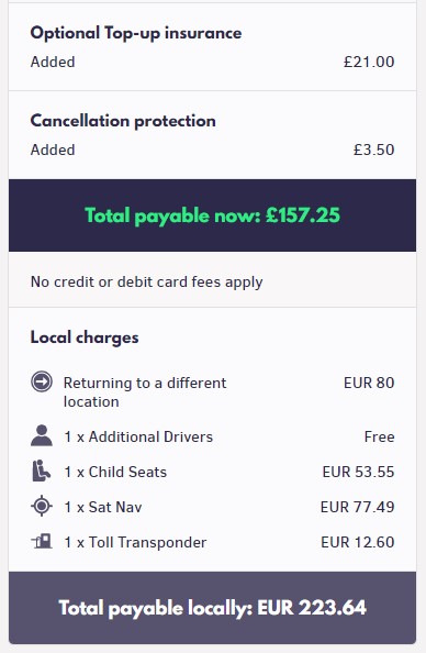 Locally payable car hire charges